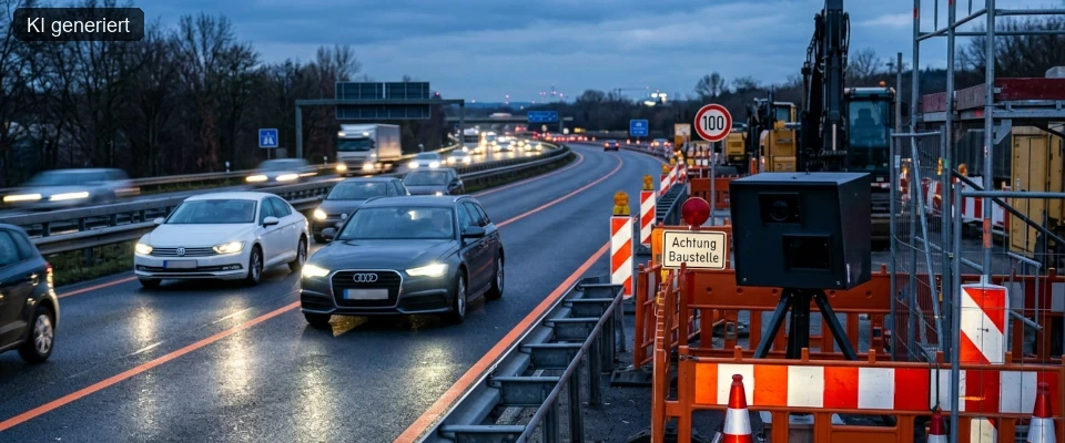 © Krasula - Autos stehen auf der Straße im Stau - © KI generiert - Geblitzt in der Baustelle